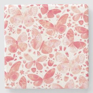 Dessous-de-verre En Pierre Papillons Aquarelle Corail rose