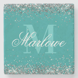 Dessous-de-verre En Pierre Parties scintillant argent élégant Turquoise Monog