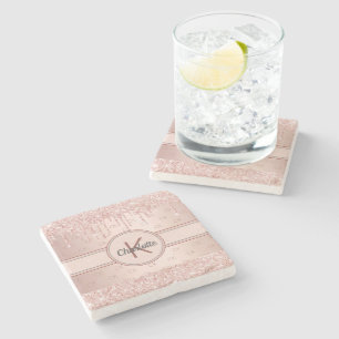 Dessous-de-verre En Pierre parties scintillant rose or goutte nom monogramme