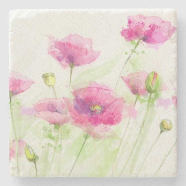 Dessous-de-verre En Pierre Pavots peints 3 d'aquarelle (Devant)