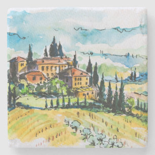 Dessous-de-verre En Pierre Paysage avec des arbres de ville et de cyprès