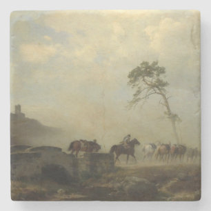 Dessous-de-verre En Pierre Paysage avec ruines du château et cavaliers