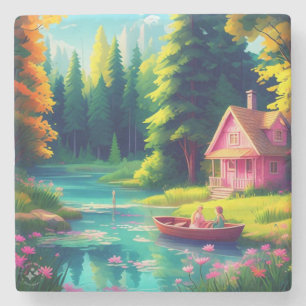 Dessous-de-verre En Pierre Paysage naturel avec cottage rose-68486