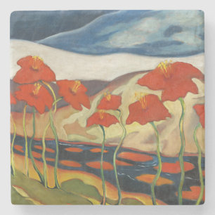 Dessous-de-verre En Pierre Paysage surréaliste moderniste aux coquelicots rou
