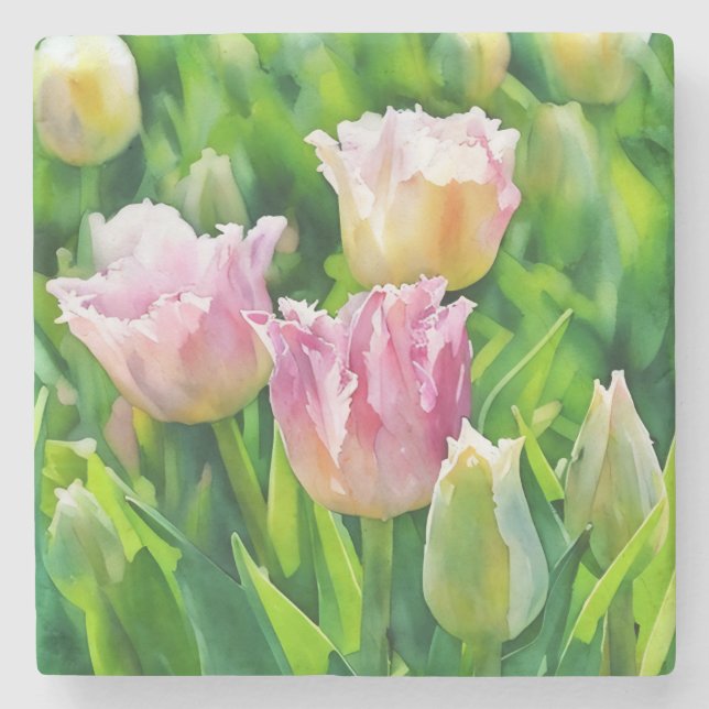 Dessous-de-verre En Pierre Peacht rose Tulip Garden Art Marbre (Devant)