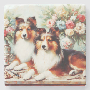 Dessous-de-verre En Pierre Peinture à l'huile de Chiens Cute Retro