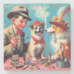 Dessous-de-verre En Pierre Peinture à l'huile rétro Chiens heureux