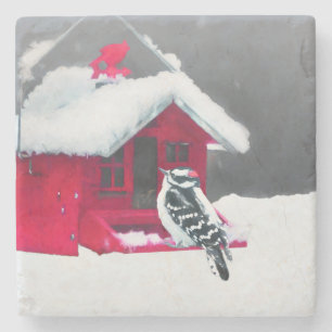 Dessous-de-verre En Pierre Peinture Downy Woodpecker - Art original pour oise