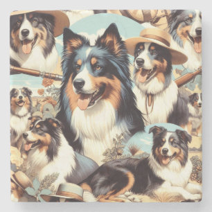 Dessous-de-verre En Pierre Peinture rétro Australian Shepherd sans couture