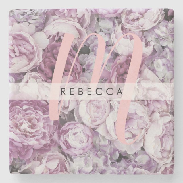 Dessous-de-verre En Pierre Peony Rose Roses Floral Script Monogramme (Devant)