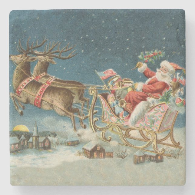Dessous-de-verre En Pierre Père Noël Antique Sleigh Reindeer (Devant)