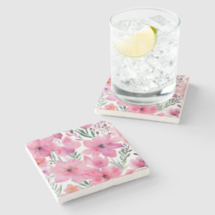 Dessous-de-verre En Pierre Pétales roses Fleurs peintes à l'aquarelle flora
