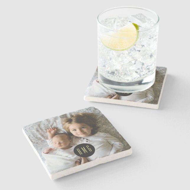 Dessous-de-verre En Pierre Photo de famille personnalisée| Monogrammes (Côté)