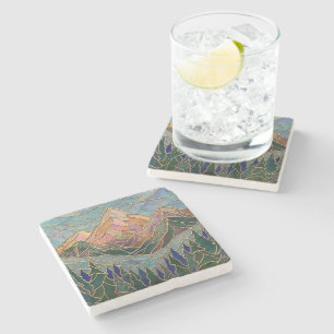 Dessous-de-verre En Pierre Pics de montagnes dorées Forêt Art de verre teinté