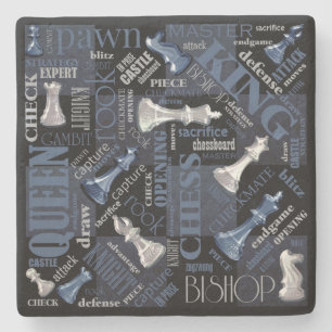 Dessous-de-verre En Pierre Pièces et termes d'échecs Argent et Bleu ID784