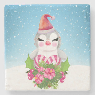 Dessous-de-verre En Pierre Pingouin de Noël mignon à Santa Hat