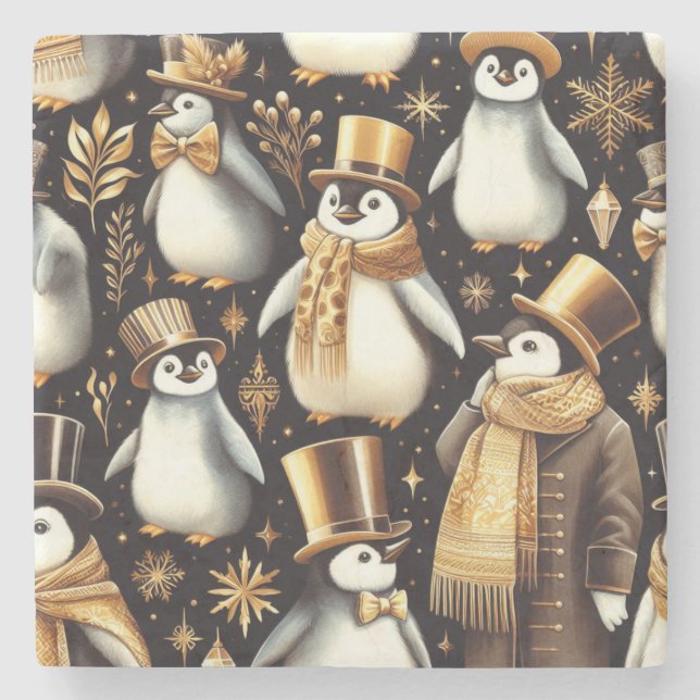 Dessous-de-verre En Pierre Pingouin noir et doré (Devant)