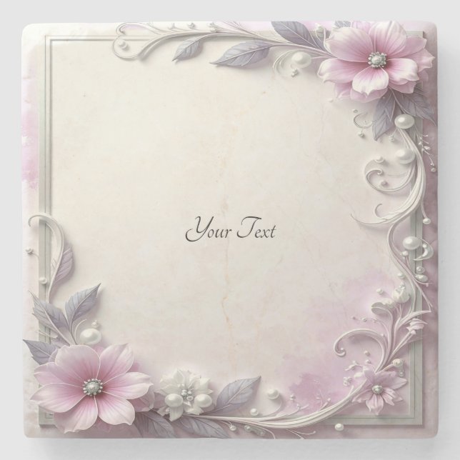 Dessous-de-verre En Pierre Pink Floral Frame Stone Coaster (Devant)