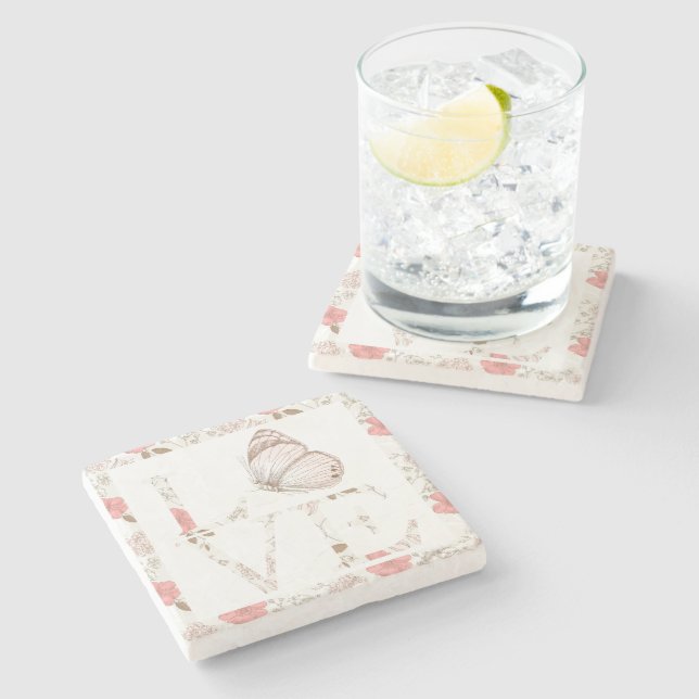 Dessous-de-verre En Pierre Pink Love Papillon Floral (Côté)