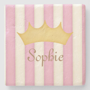 Dessous-de-verre En Pierre Pink Stripes Nom personnalisé Princess Crown