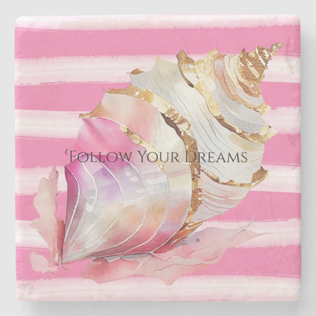 Dessous-de-verre En Pierre Pink Watercolor Beach Strips Gold Shell (Devant)