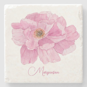 Dessous-de-verre En Pierre Pivoine rose à l'aquarelle 