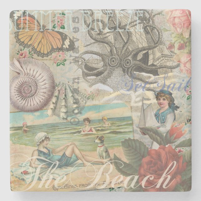 Dessous-de-verre En Pierre plage d'été poulpe vintage antique voile (Devant)