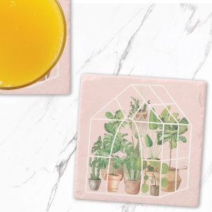 Dessous-de-verre En Pierre Plante de maison tropicale aquarelle rose