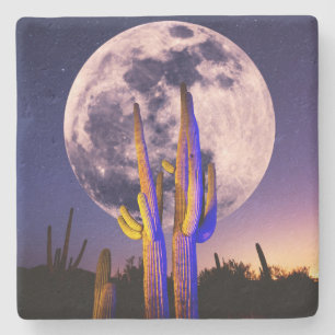 Dessous-de-verre En Pierre Pleine lune sur le Saguaro Cactus