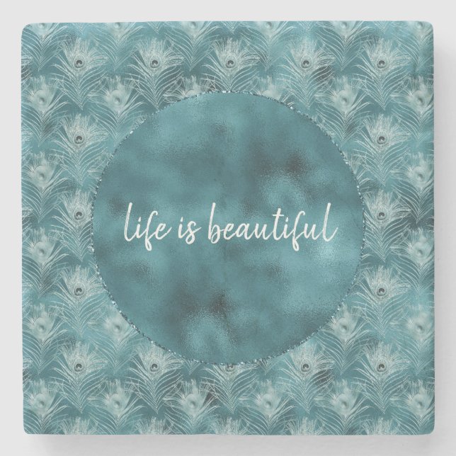 Dessous-de-verre En Pierre Plumes de paon glam turquoise brillant (Devant)