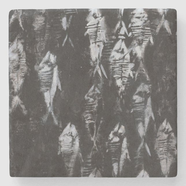 Dessous-de-verre En Pierre Poisson blanc fossile sur Arrière - plan noir (Devant)