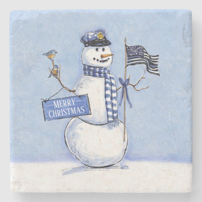 Dessous-de-verre En Pierre Police Mince Ligne Bleue Snowman Noël (Devant)