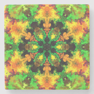 Dessous-de-verre En Pierre Psychédélique Hippie Fleur vert orange et jaune