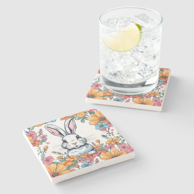 Dessous-de-verre En Pierre Rabbit surrounded by flowers (Côté)