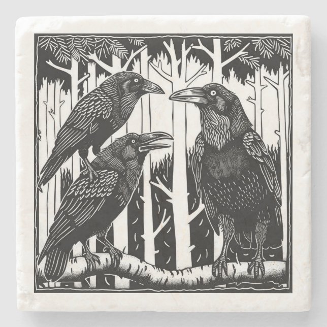 Dessous-de-verre En Pierre Raven et ses enfants dans les arbres (Devant)