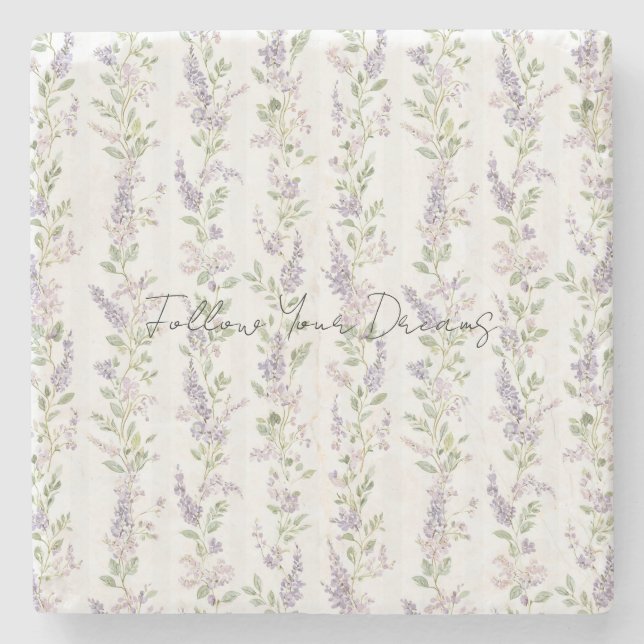 Dessous-de-verre En Pierre Rayures Florales Blanc Lavande (Devant)