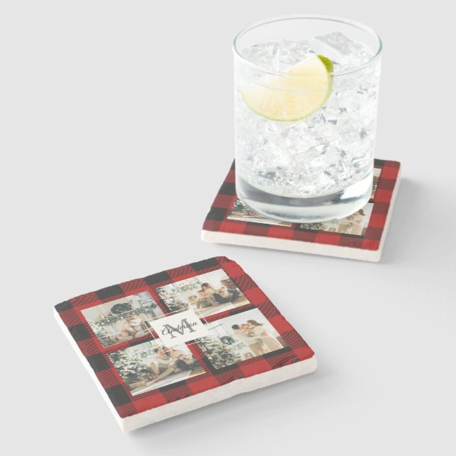 Dessous-de-verre En Pierre Red Buffalo Plaid & Collage Photo Avec Initiale (Côté)