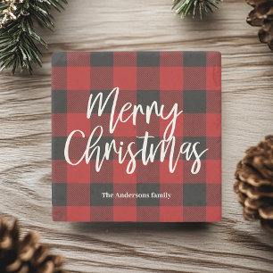 Dessous-de-verre En Pierre Red Buffalo Plaid & Joyeux Noël  Nom personnel