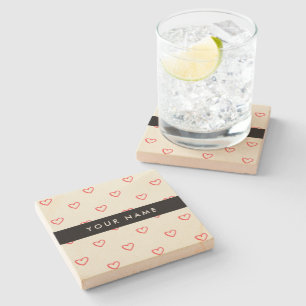 Dessous-de-verre En Pierre Red Hearts Motif, Amour, Votre Nom, Personnaliser