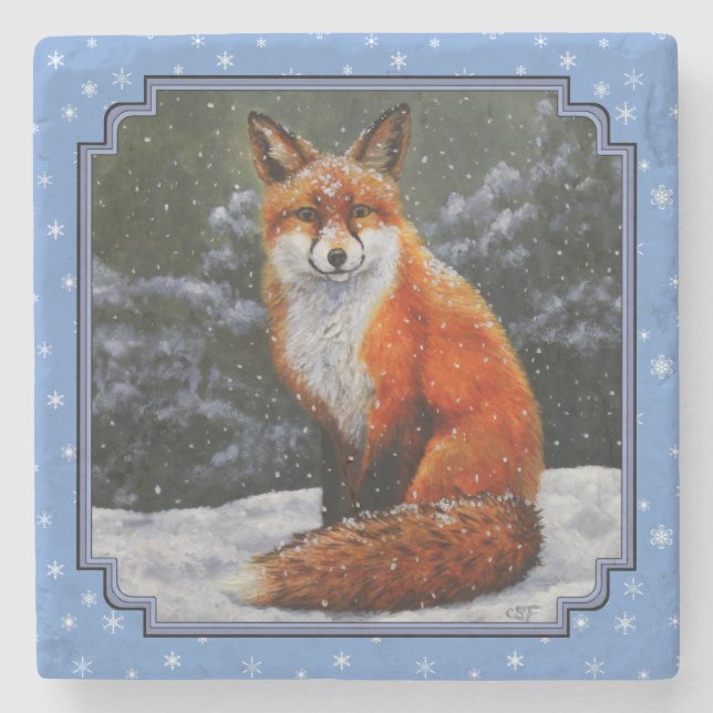 Dessous-de-verre En Pierre Renard rouge mignon en neige hivernale (Devant)