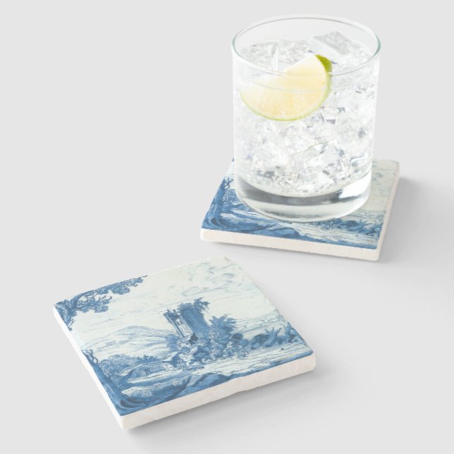 Dessous-de-verre En Pierre Repro Delft Bleu et Carrelage blanc (Côté)