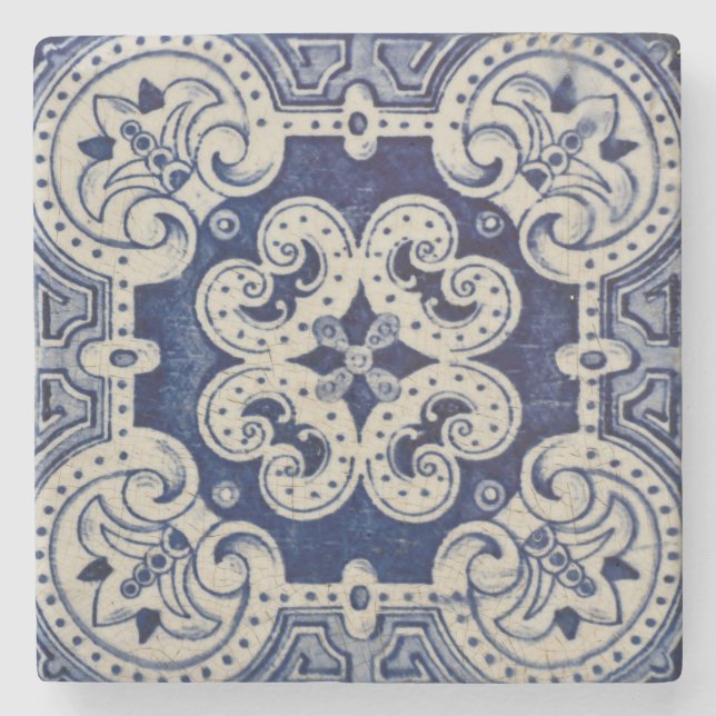 Dessous-de-verre En Pierre Repro Portugais bleu géométrique Azulejos Floral (Devant)
