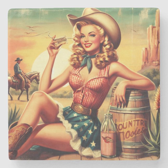 Dessous-de-verre En Pierre Retro Cute Cowgirl (Devant)