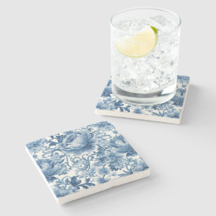 Dessous-de-verre En Pierre Rêves Bleus Chinoiserie Aquarelle Florale Blanch