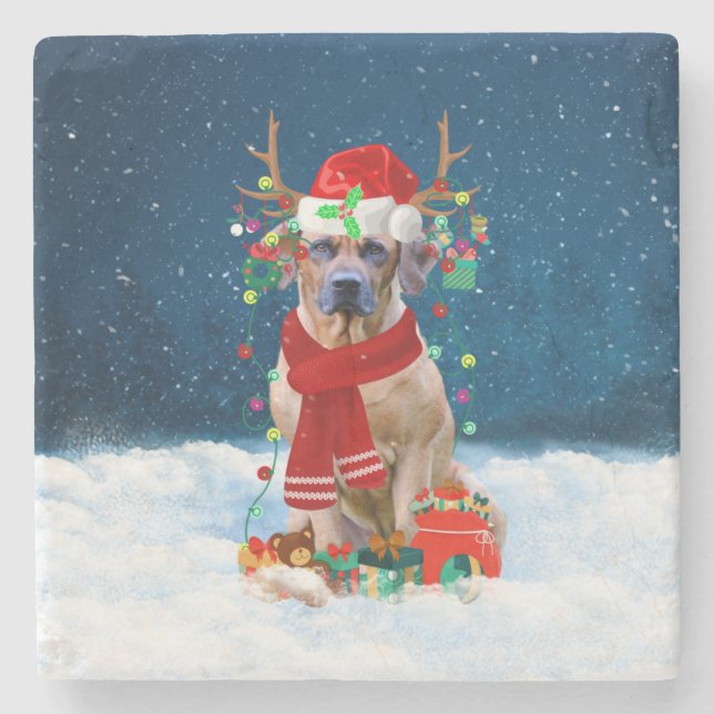 Dessous-de-verre En Pierre Rhodesian Ridgeback Chien dans neige cadeau de Noë (Devant)