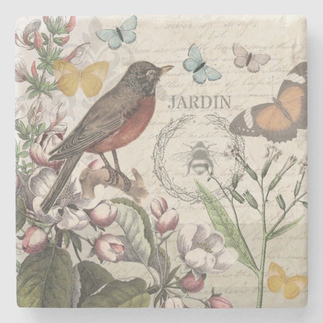 Dessous-de-verre En Pierre Robin Elegant Bird Butterfly French Art (Devant)