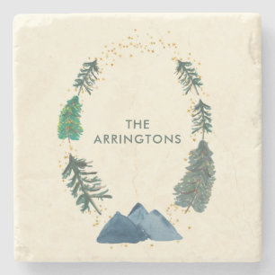 Dessous-de-verre En Pierre Roche Rustique de la forêt de pins aquarelle avec 