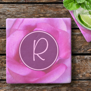 Dessous-de-verre En Pierre Rose fleur de couleur rose violet monogramme initi