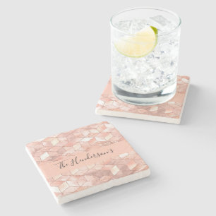 Dessous-de-verre En Pierre Rose or cube motif nom de famille script moderne
