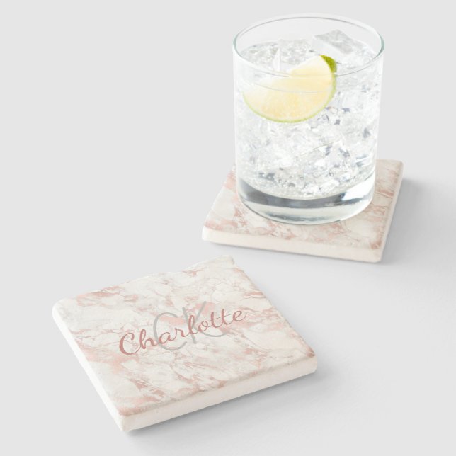 Dessous-de-verre En Pierre Rose or rose marbre nom monogramme (Côté)